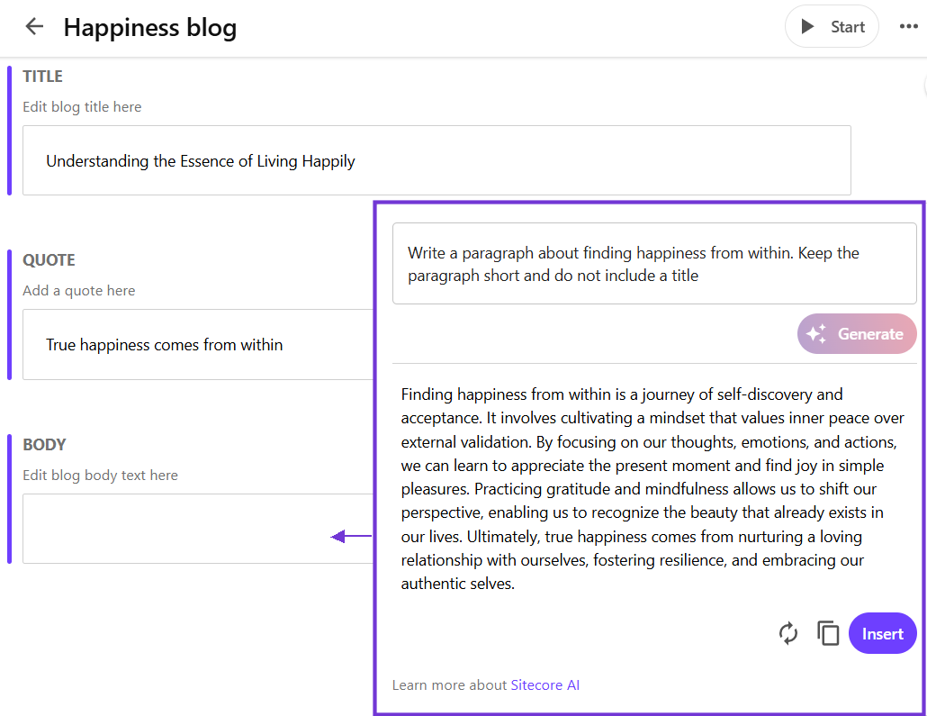 Example of a blog content item with AI-assisted content generation