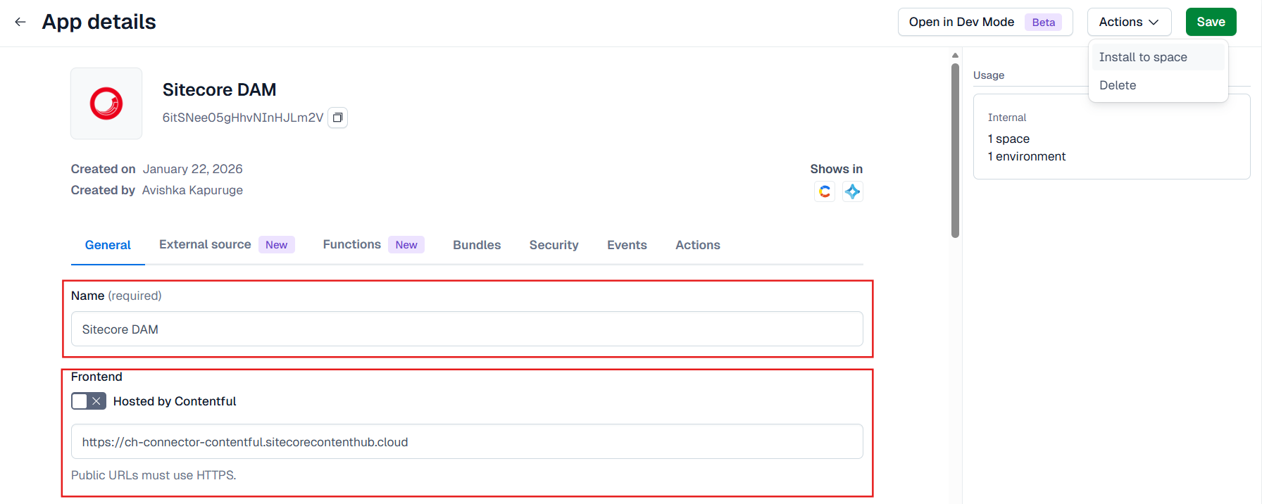 Contentful app details dialog where you can define the name, assign an icon, and provide frontend details