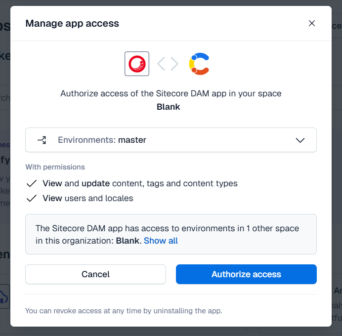 Manage Access dialog where you authorize access to a space