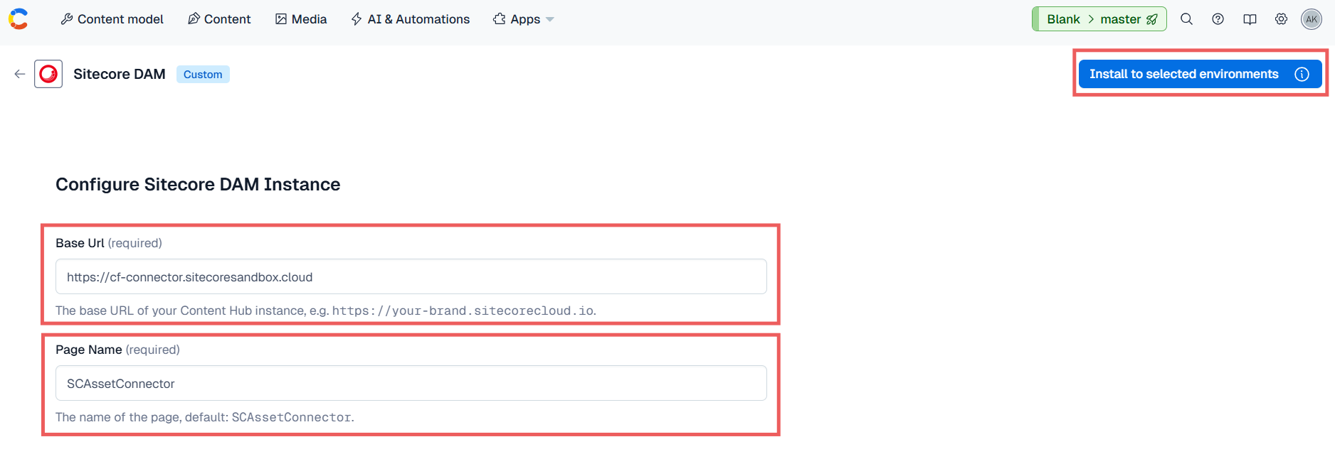 Configure Sitecore DAM instance dialog from where you install your app