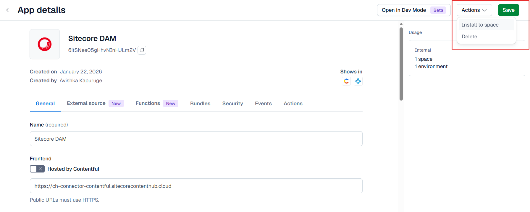 App details dialog where you can install your app