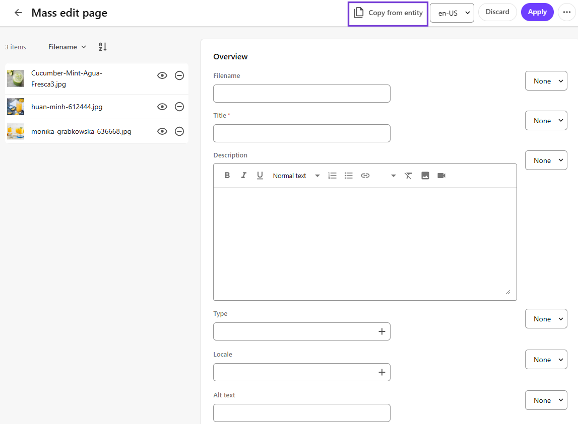 Mass edit page with Copy from entity operation available