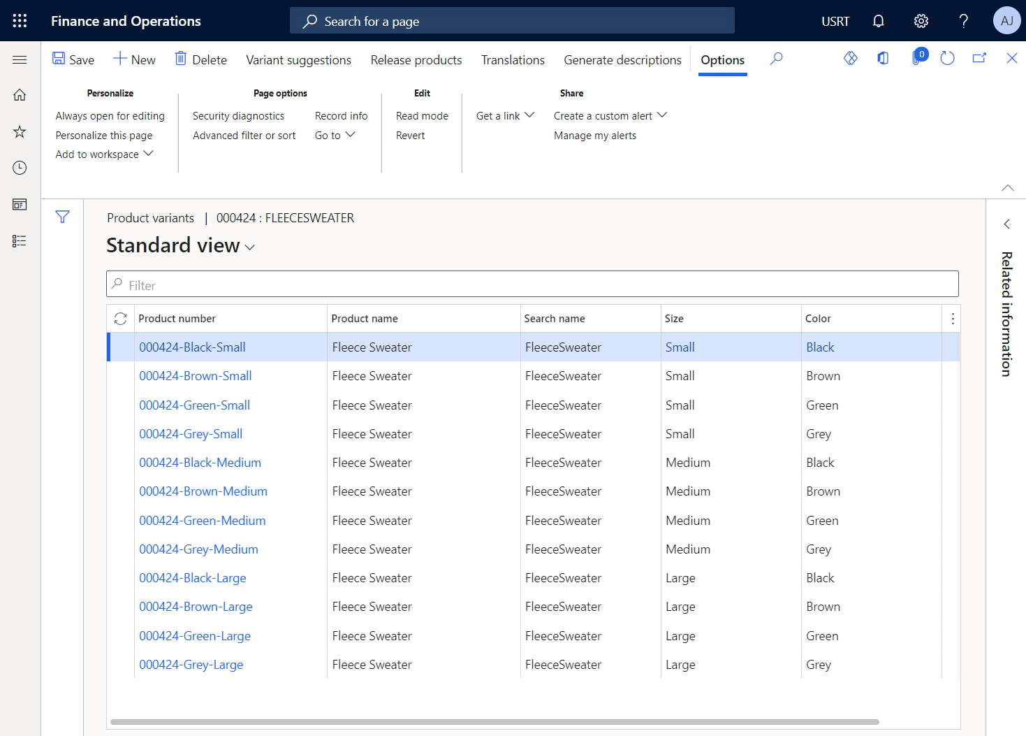 D365 product variant information page