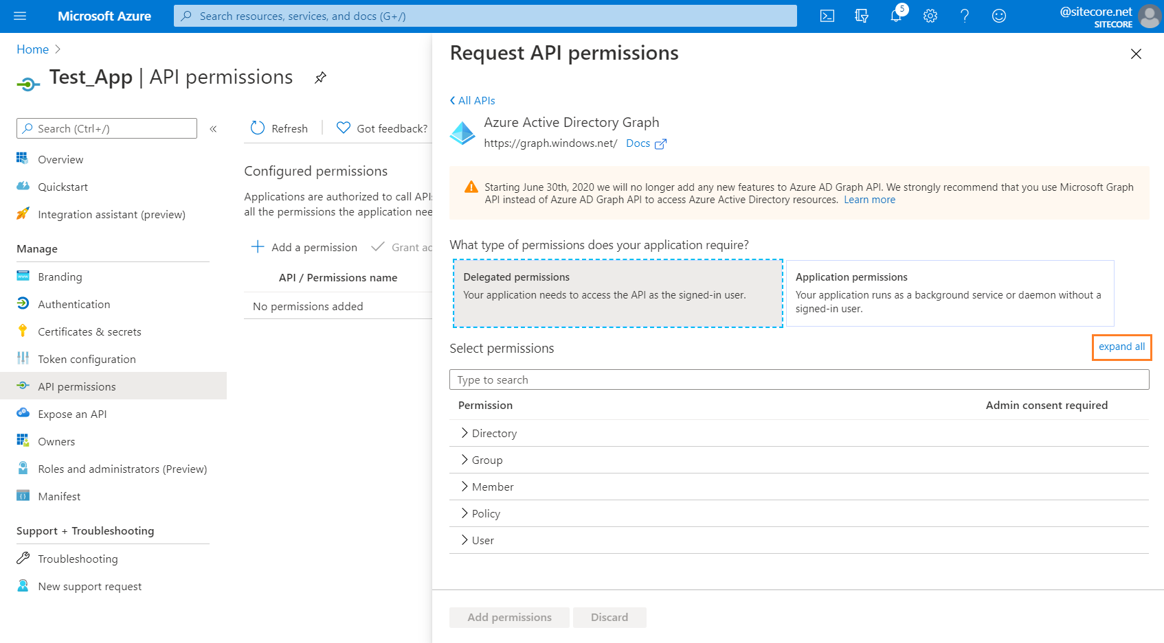 delegated permissions showing expand all delegated permissions showing expand all