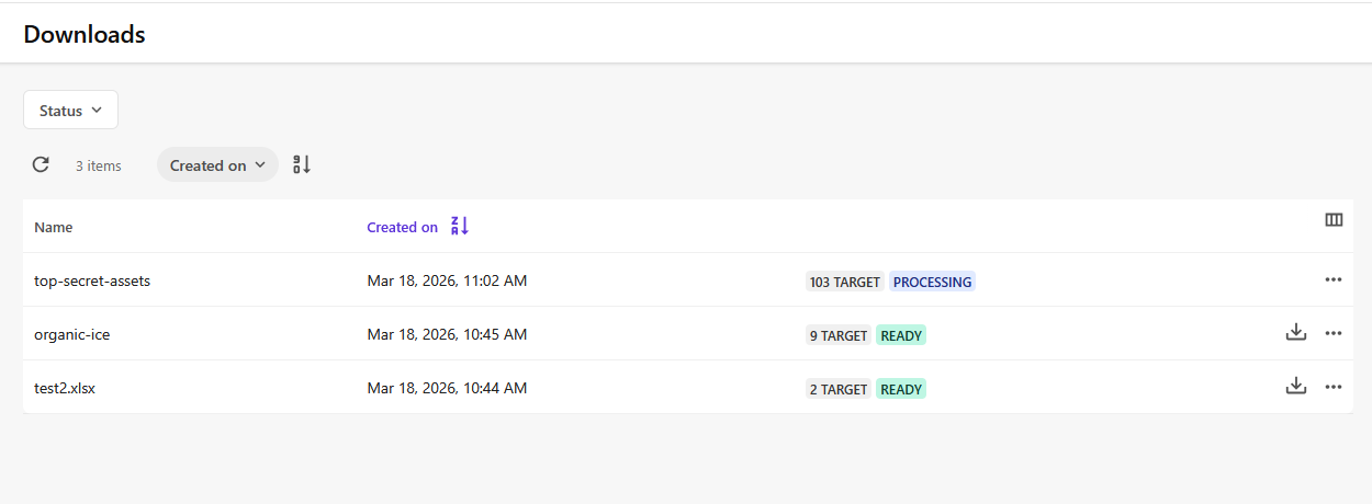 Download page showing orders