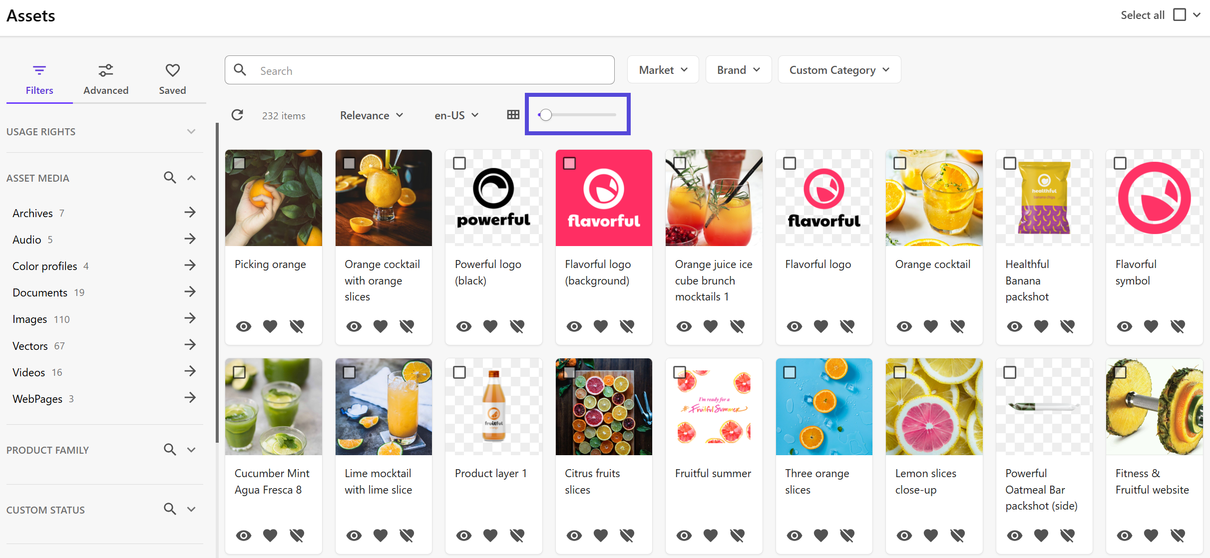 The slider lets you change asset thumbnail size.