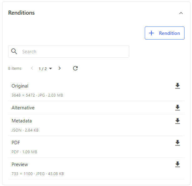 Entity renditions list