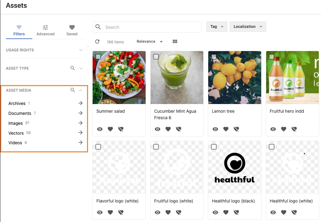 Filters tab on the Assets page