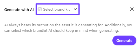 Dialog where you select the brand kit and generate text