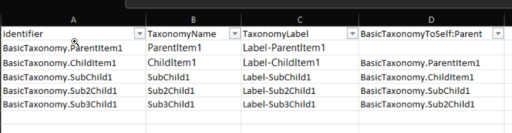 Import excel taxonomy