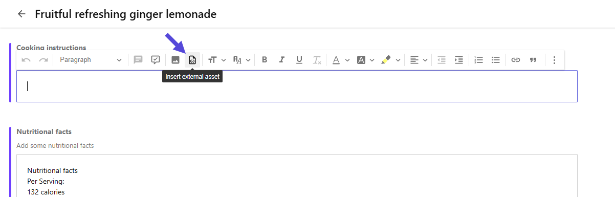 Rich text field toolbar showing the "Insert external asset" button.