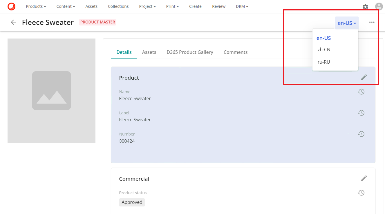 Language selector on the product detail page Language selector on the product detail page