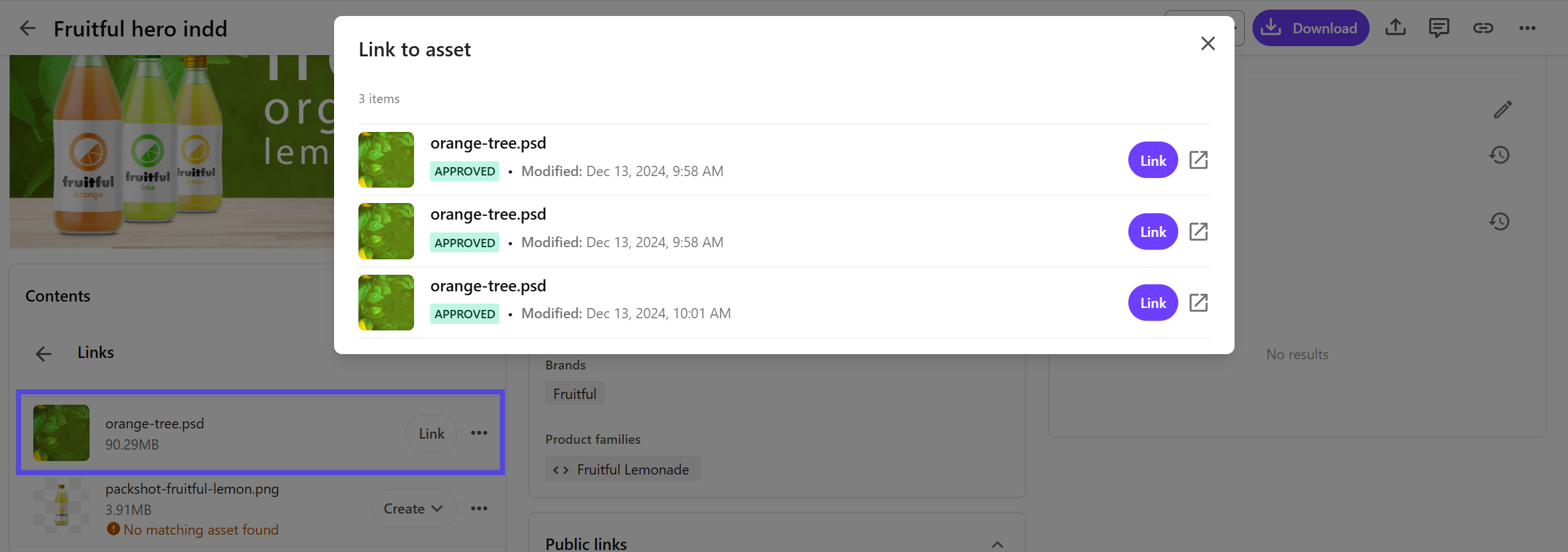 Linking an uploaded file to an existing asset in Content Hub.