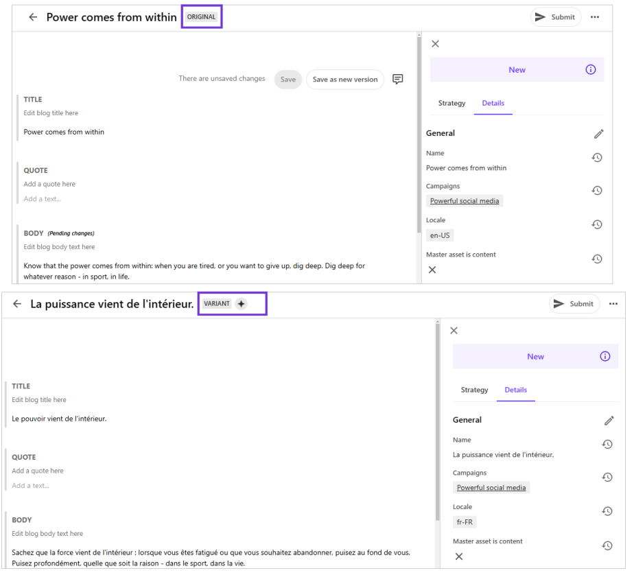 Image showing the original content item and the AI-generated translated item