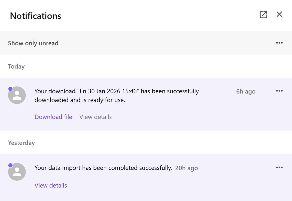 Notification panel with two notifications showing download file and view details options Notification panel with two notifications showing download file and view details options