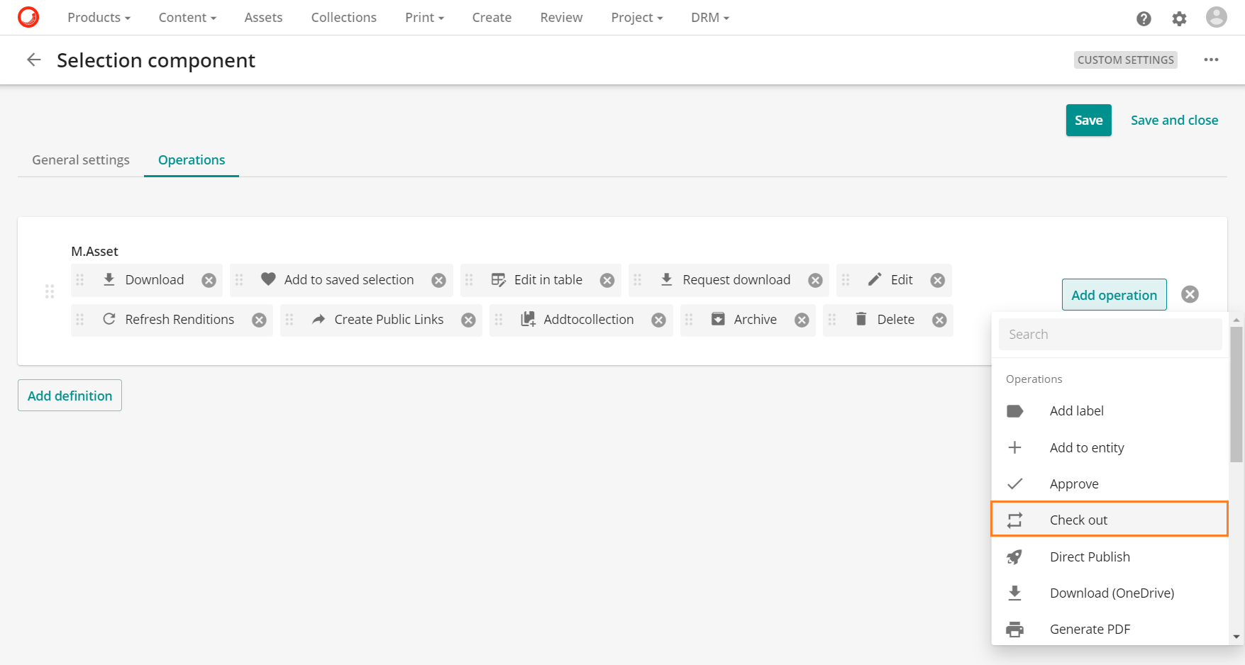 operations listed and highlighted on selection component: