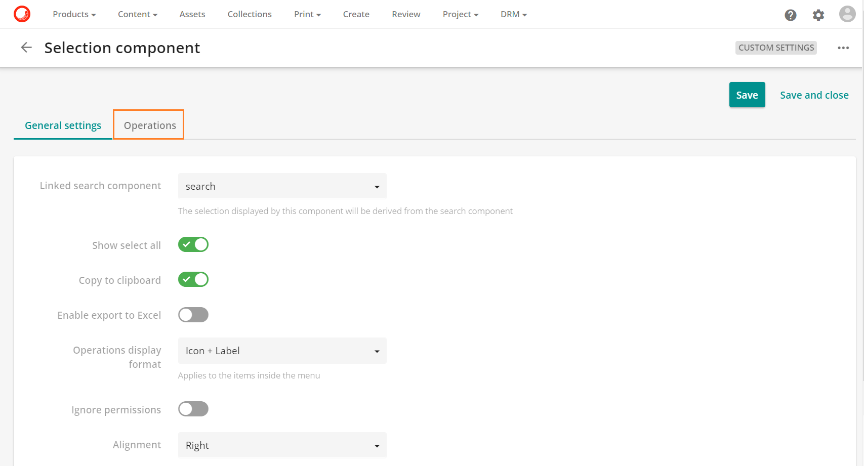 operations tab highlighted on selection details