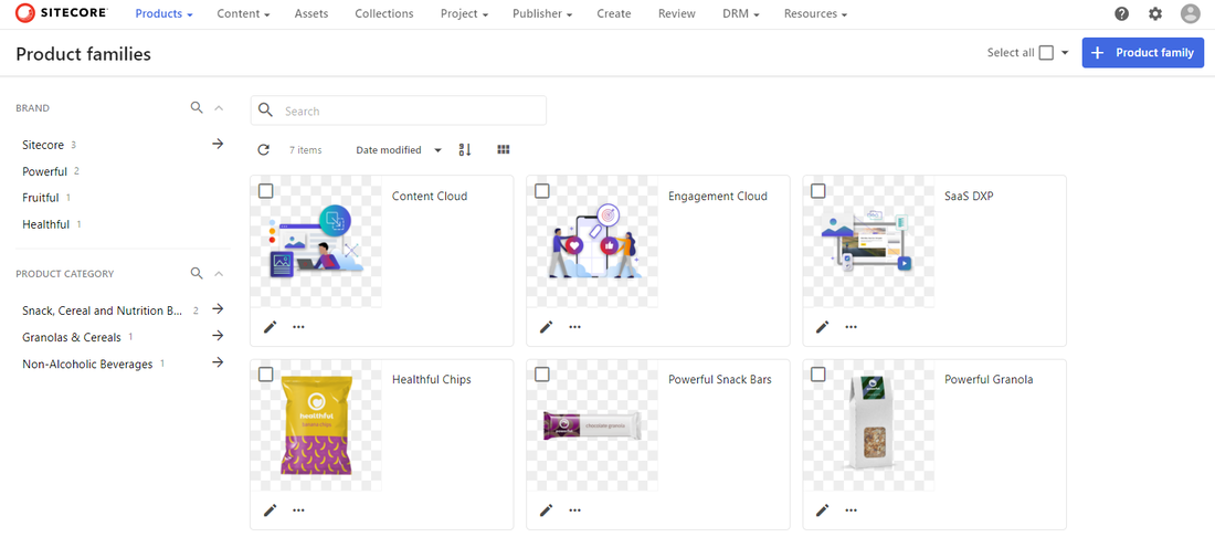Product families Home page where you manage product families