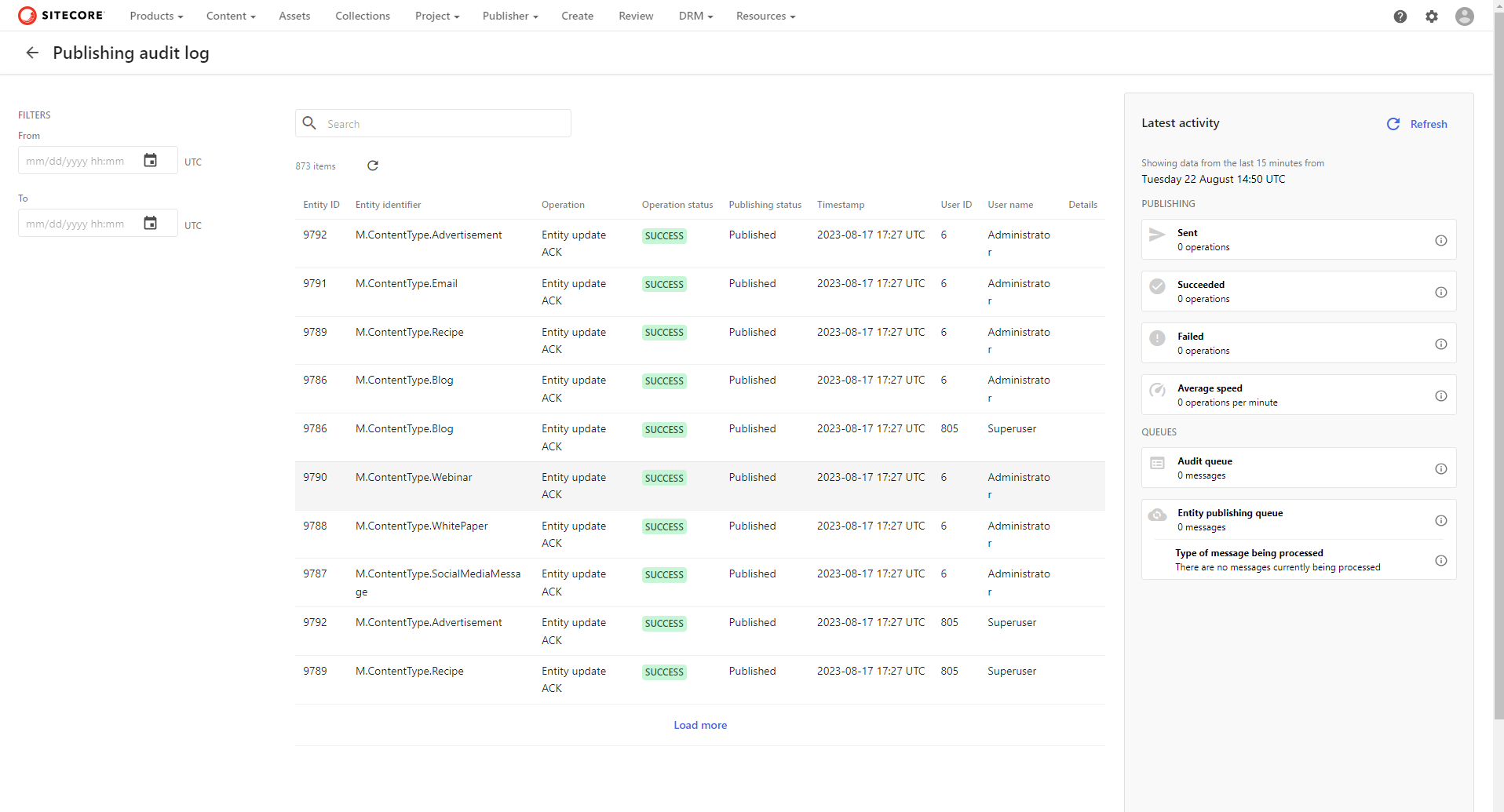 Publishing audit log page in manage menu