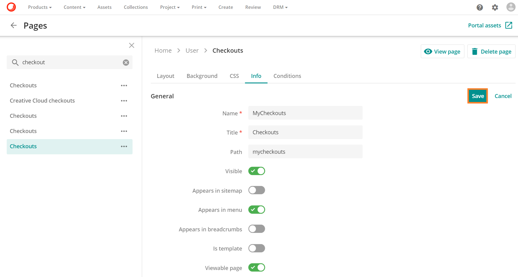Save button on the Info page highlighted