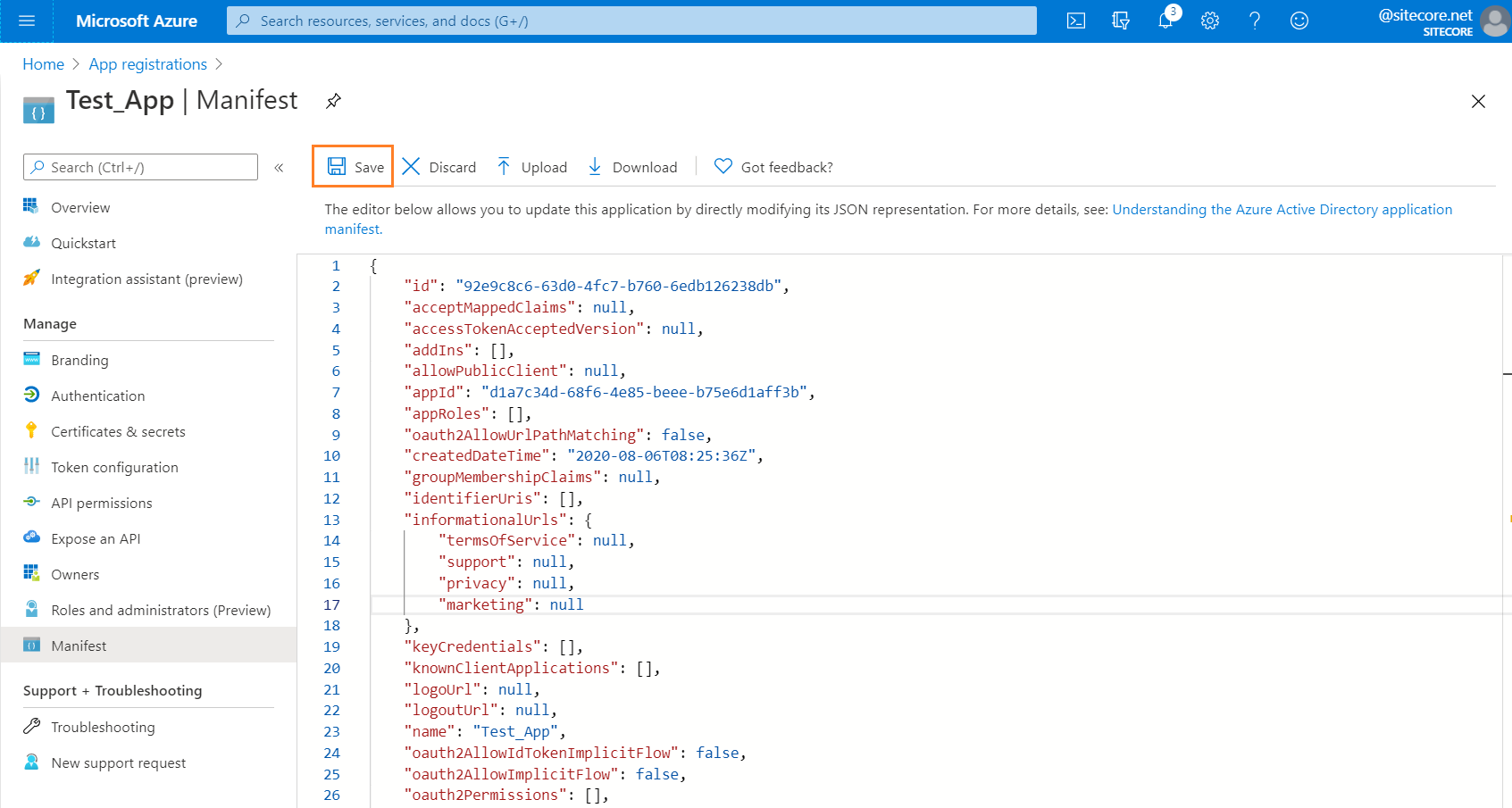 Save button on azure manifest editor Save button on azure manifest editor