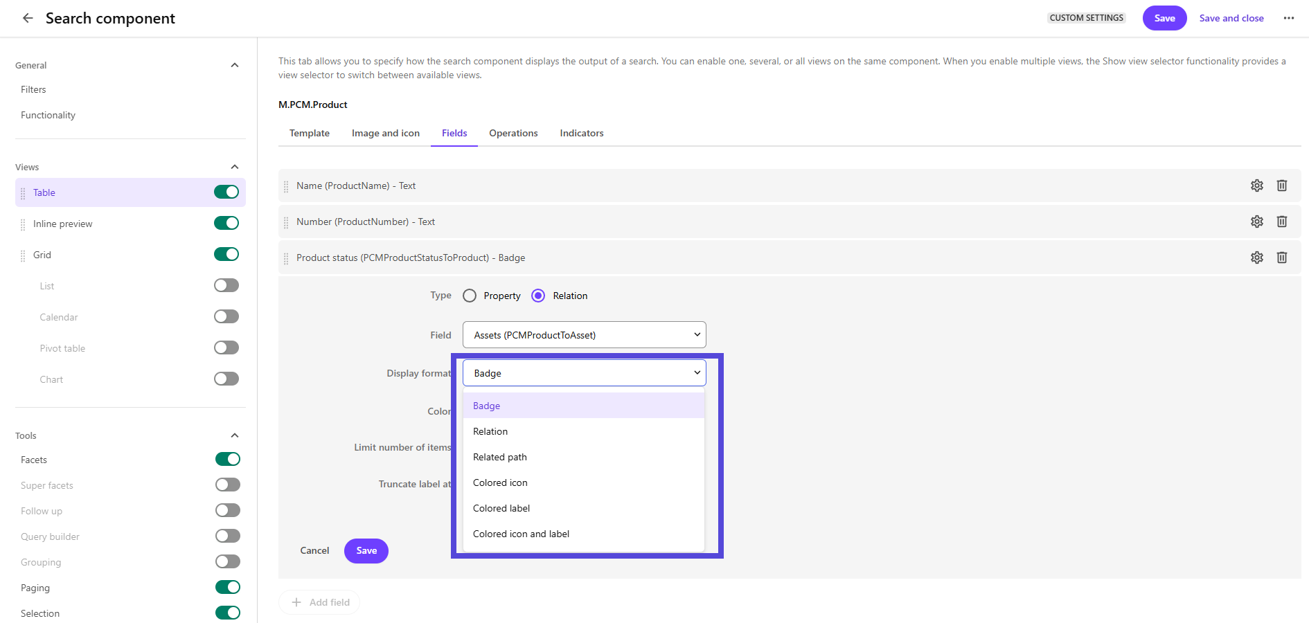 Search component configuration add field display format options