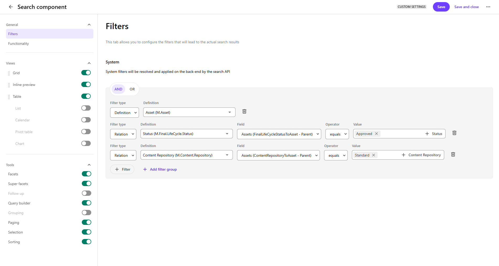 The Search component configuration page The Search component configuration page