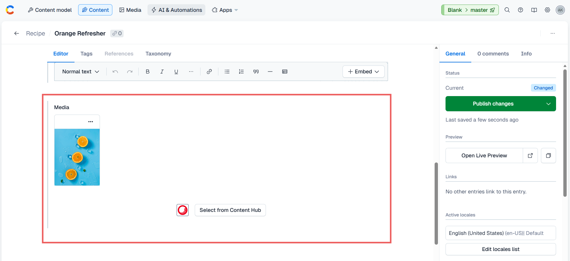 Content tab where you can select the Editor tab and click Select from Content Hub