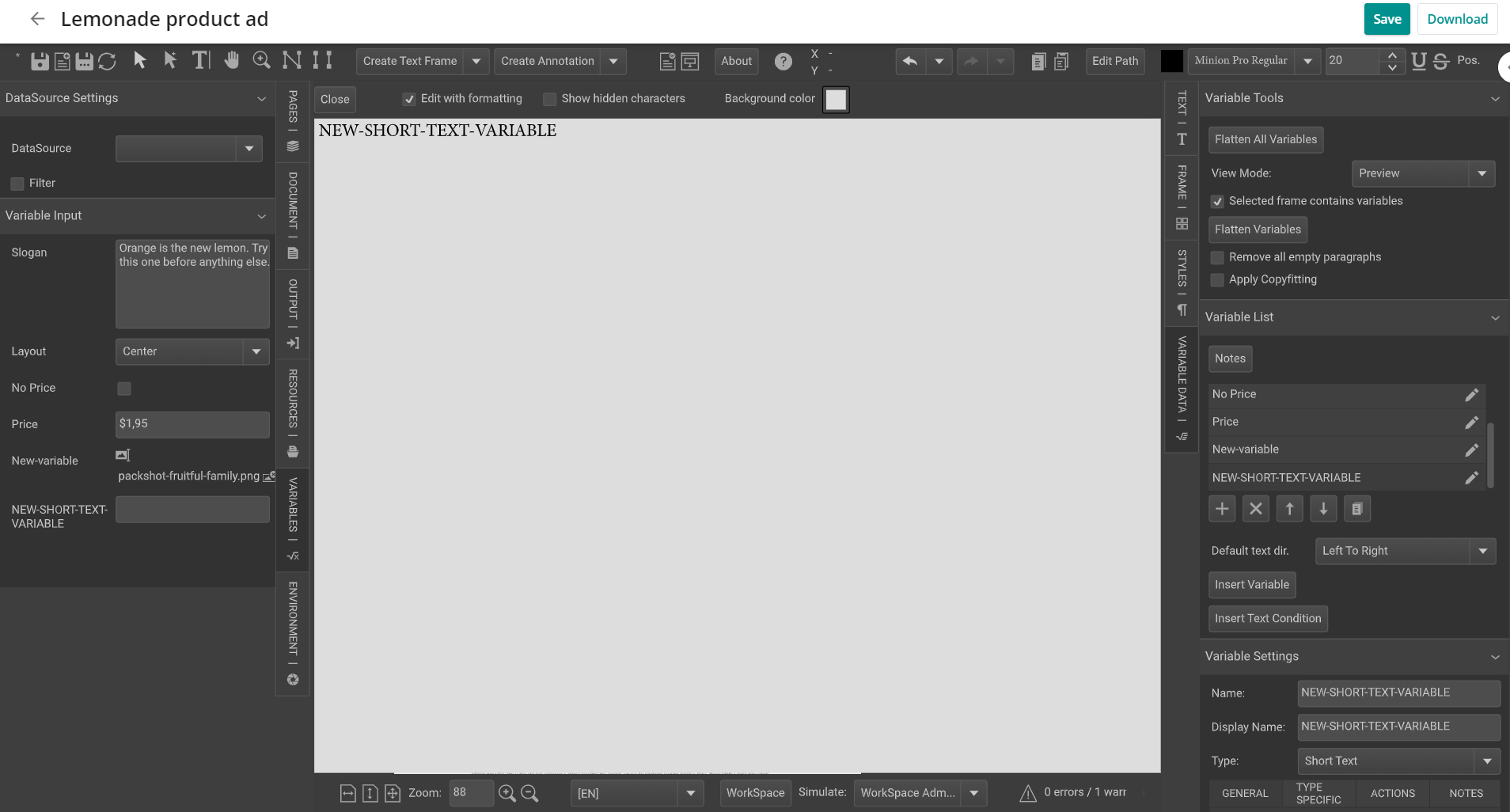 selected frame insert variable edit story without symbol
