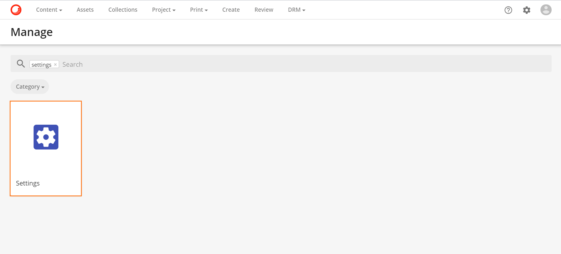 Manage page with Settings tile highlighted