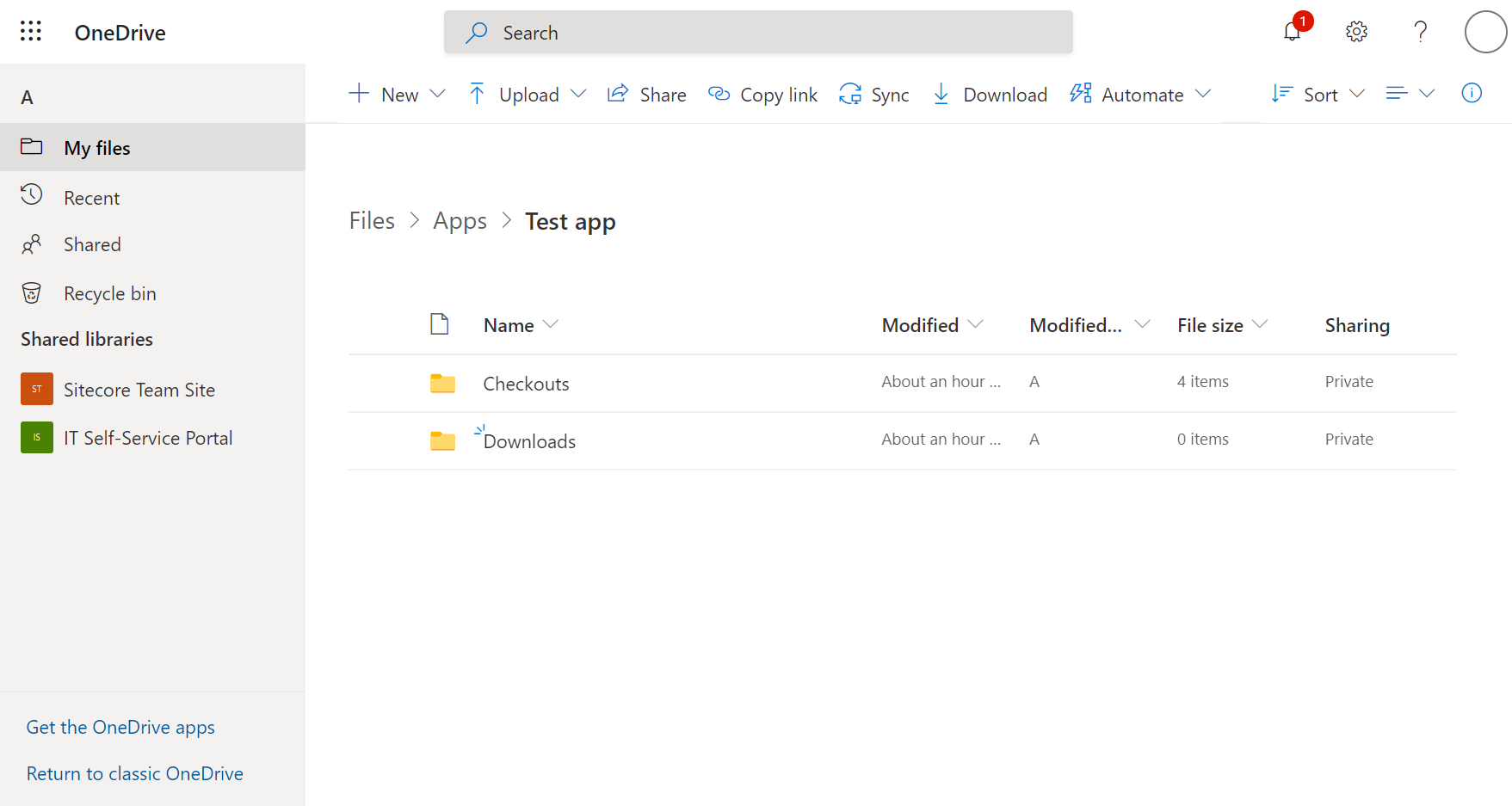 show the apps subfolder containing two subfolders called checkouts and downloads