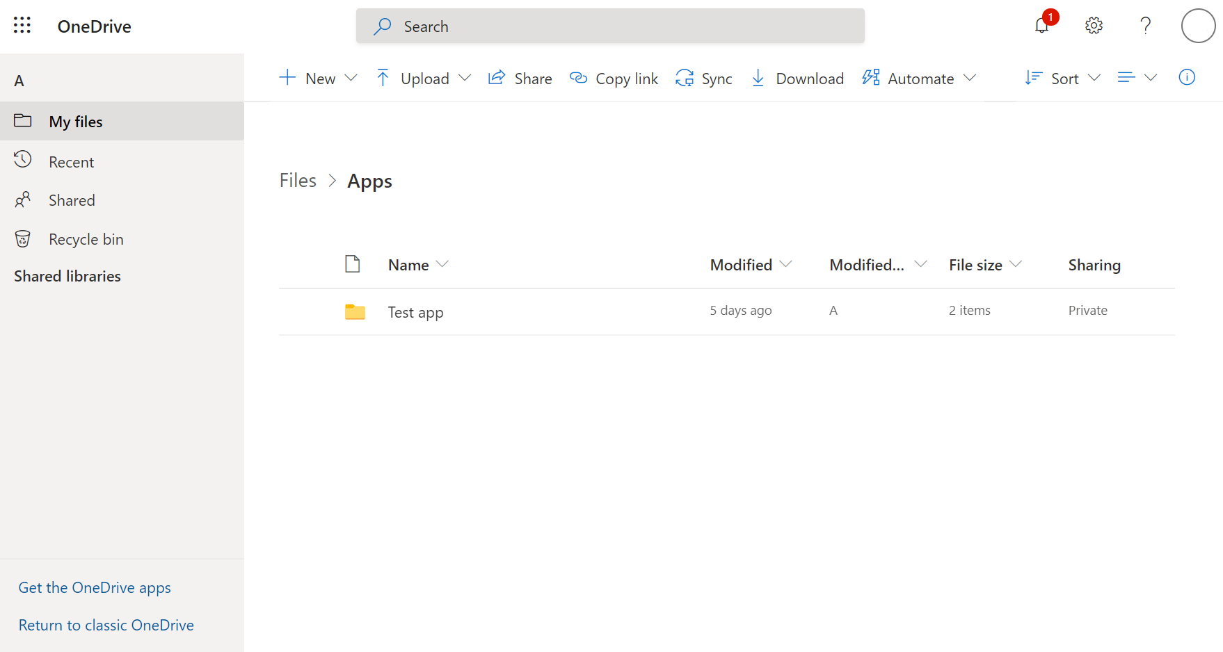 show the onedrive apps folder and the test app subfolder