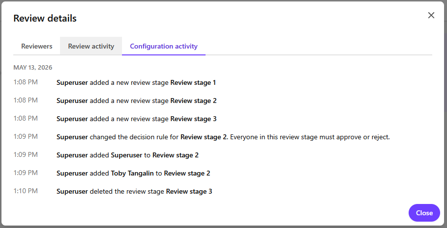 The Configuration activity tab showing changes to approval configuration.