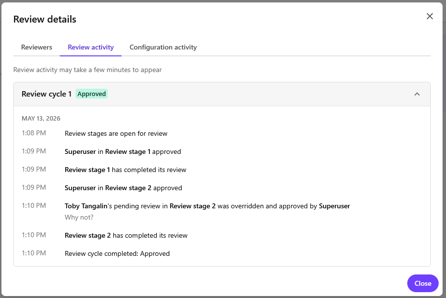 The Review activity tab showing events related to review activity.