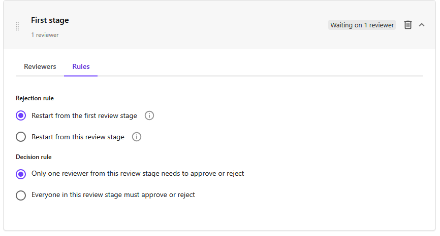 Rules tab in an approval stage.