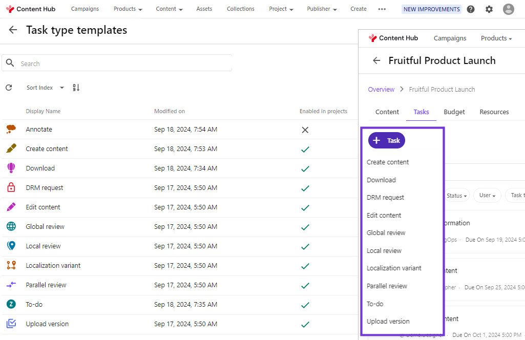 Task type template page showing how it maps to the + Task menu
