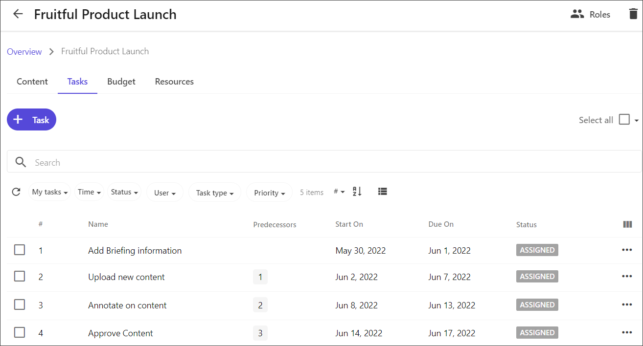 Tasks displayed in a table Tasks displayed in a table