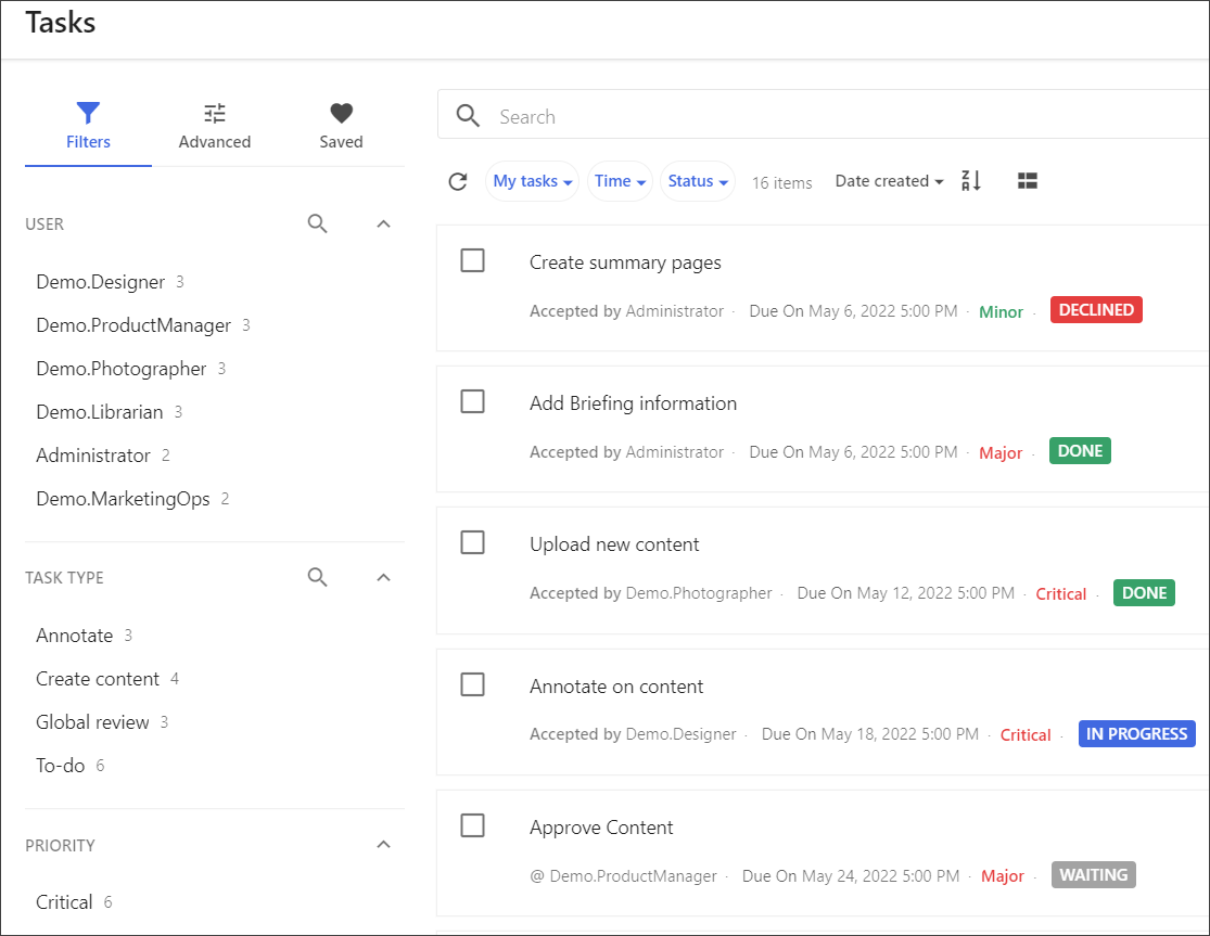 Tasks page showing all tasks Tasks page showing all tasks