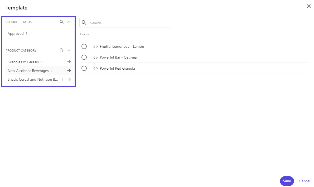 Templates search facets configured for products