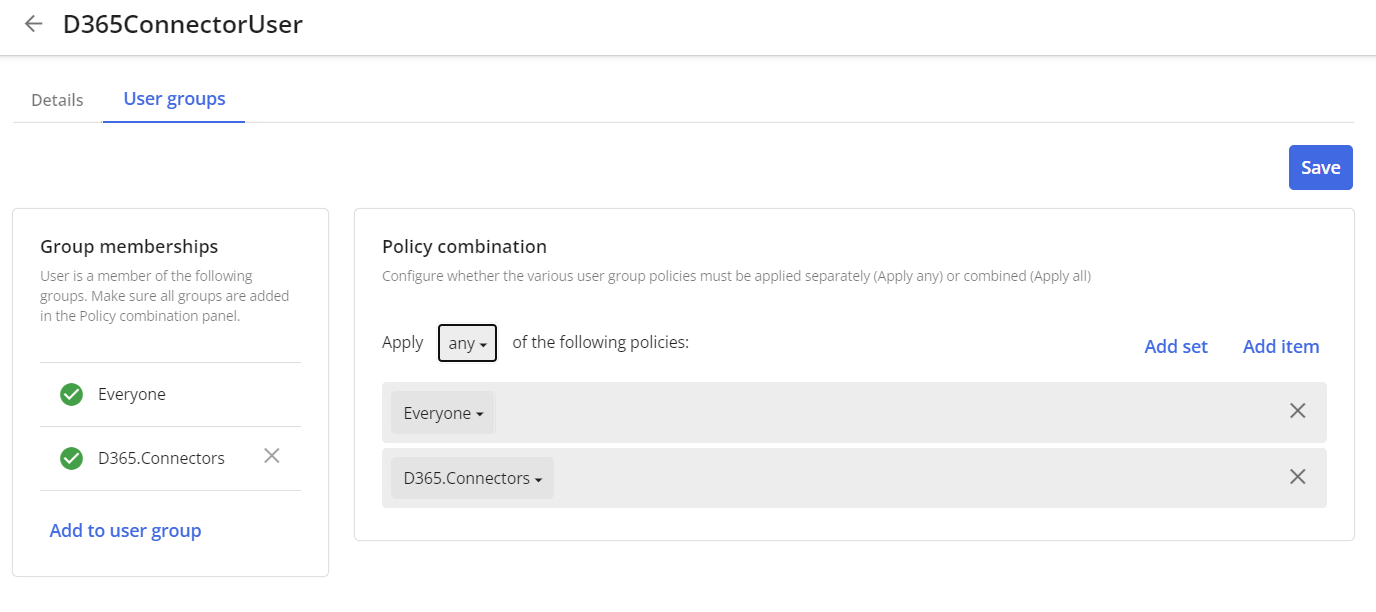 User group policy combination with D365 connector