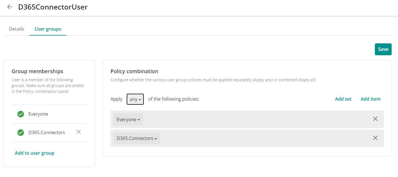User policy combination with D365.Connectors group