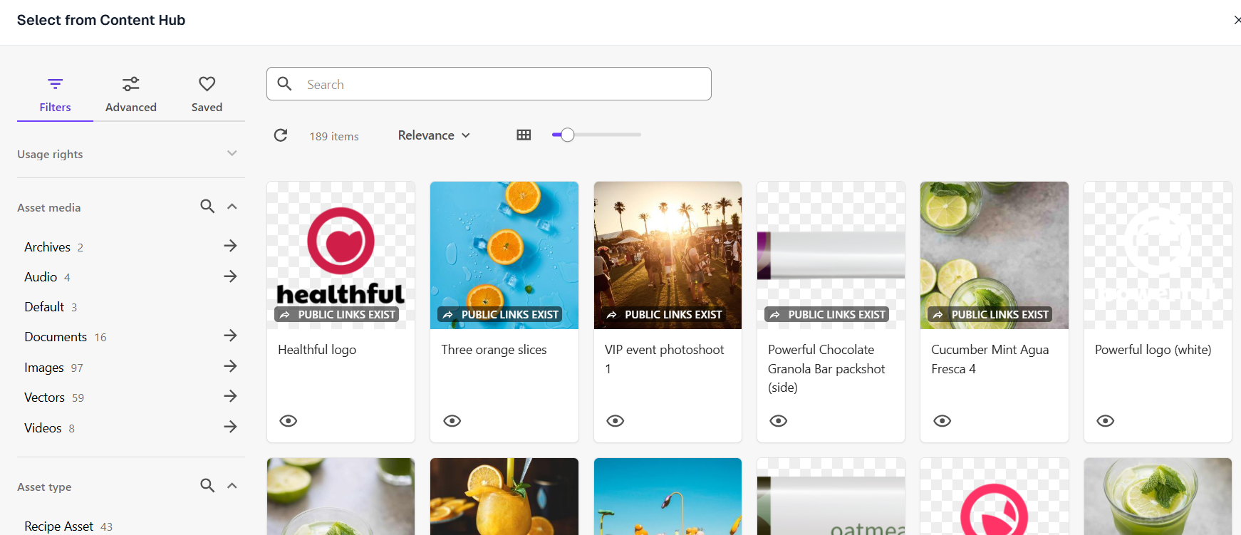 Dialog where you can select Content Hub assets