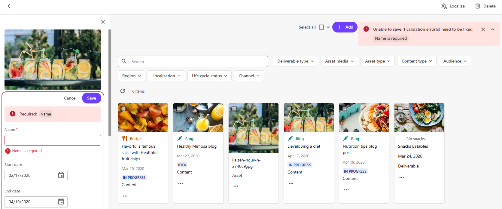 Example of the Validation component on a campaign details page when a field is not complete