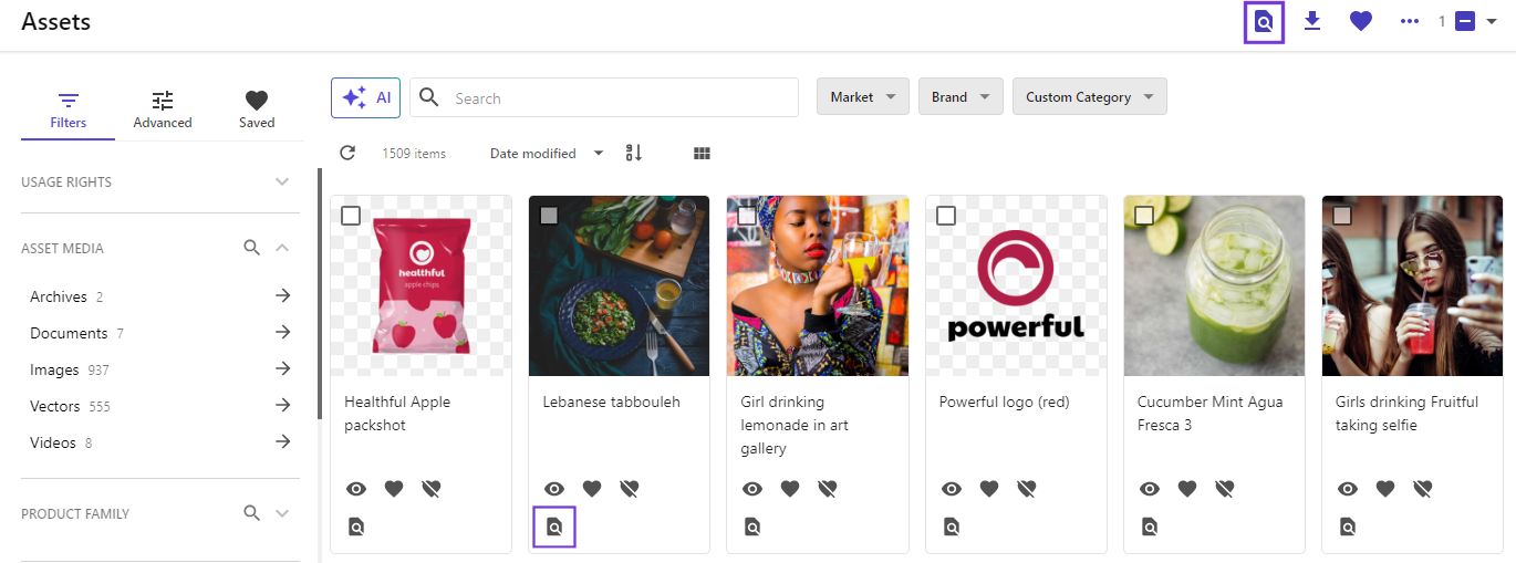Overview of the Assets page with the View similar assets icon on the menu bar and on asset tiles