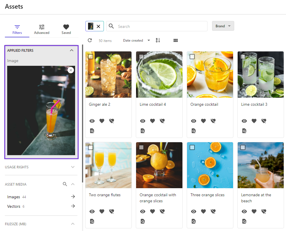 Applied filters displayed on the Assets page