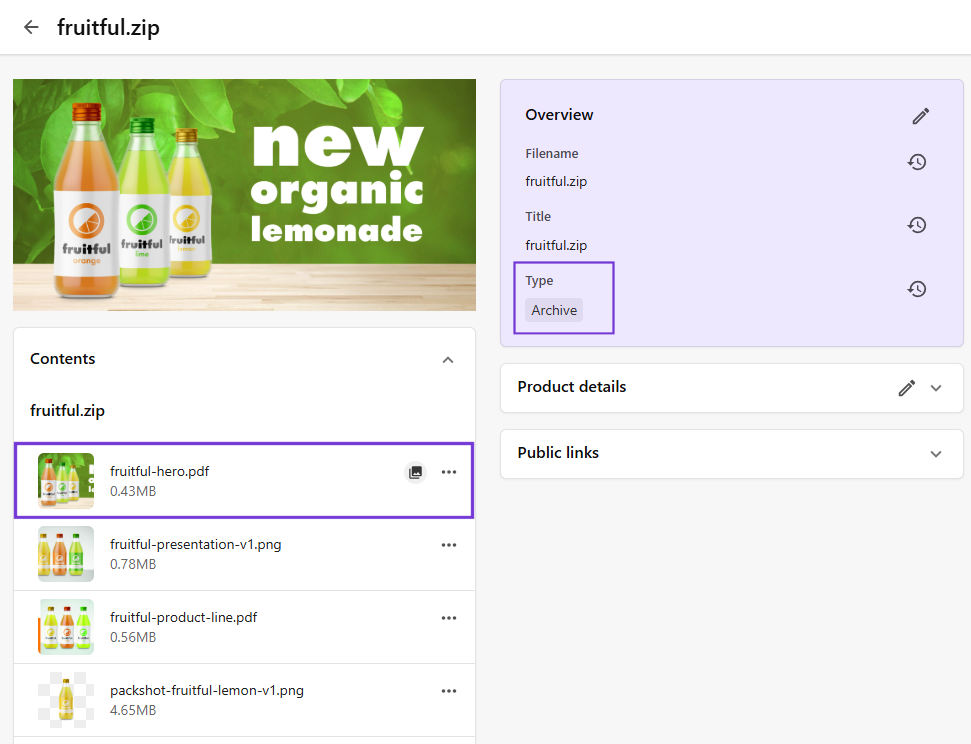 Asset details page for a ZIP file that contains multiple assets