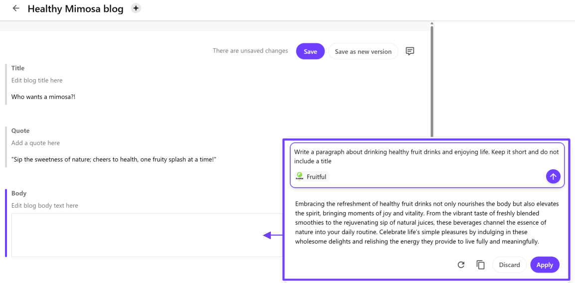 Example of a blog content item with AI-assisted content generation