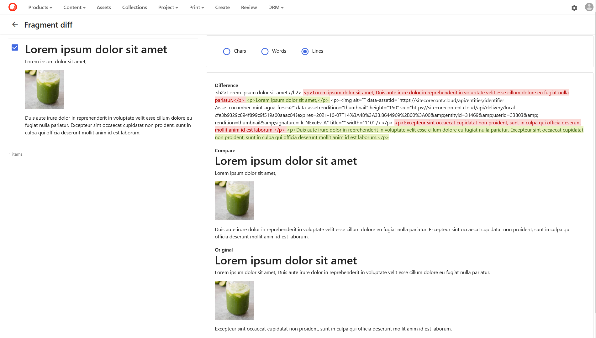 project content fragment diff page showing comparison