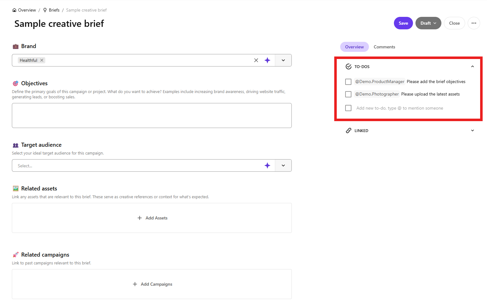 Example of a to-do list of tasks to complete for a brief