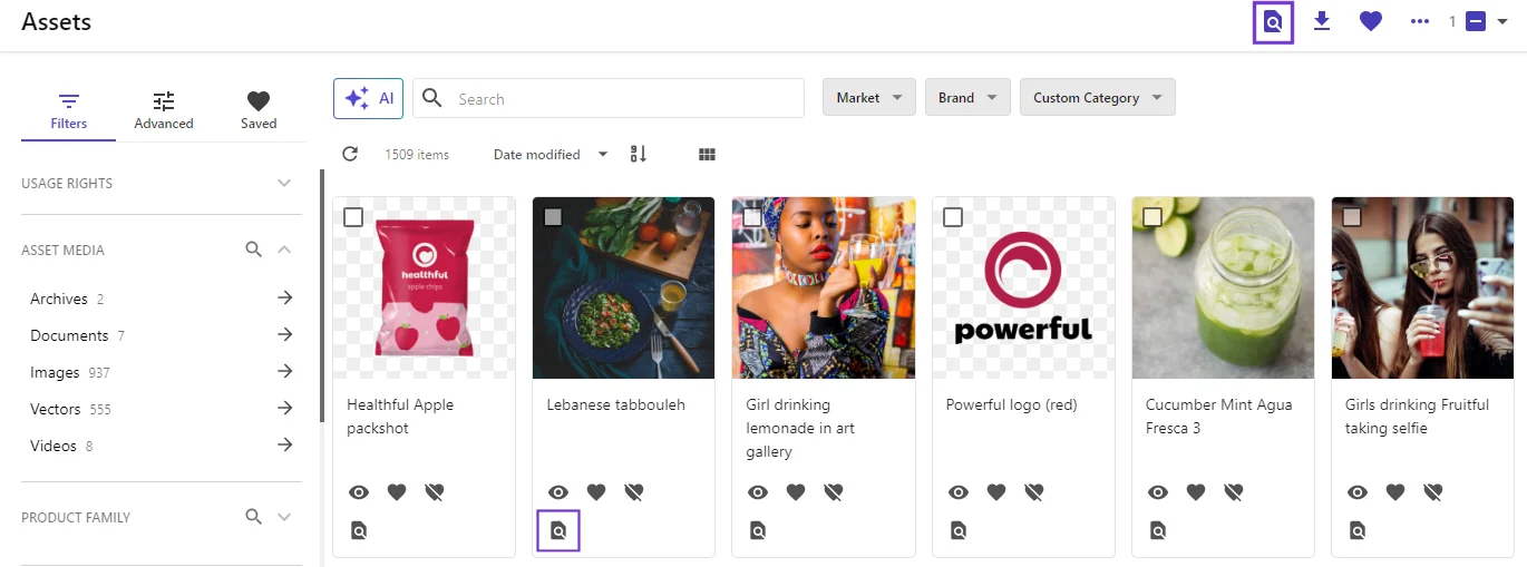 Overview of the Assets page with the View similar assets icon on the menu bar and on asset tiles